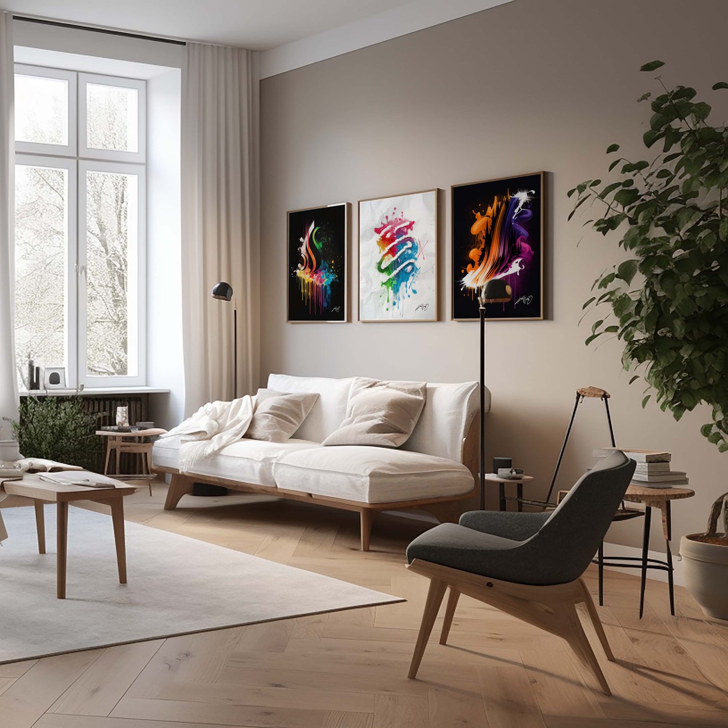 3 colorful abstract art posters in golden brass frames inside a nice home decor