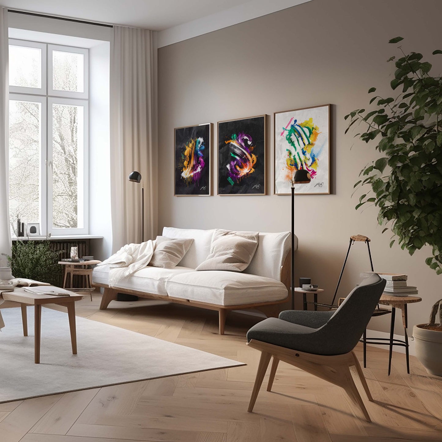 3 colorful abstract art posters in golden brass frames inside a nice home decor