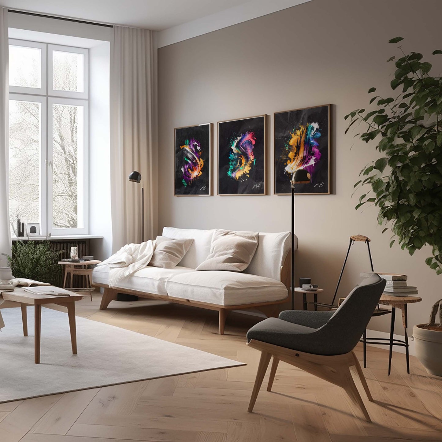 3 colorful abstract art posters in golden brass frames inside a nice home decor