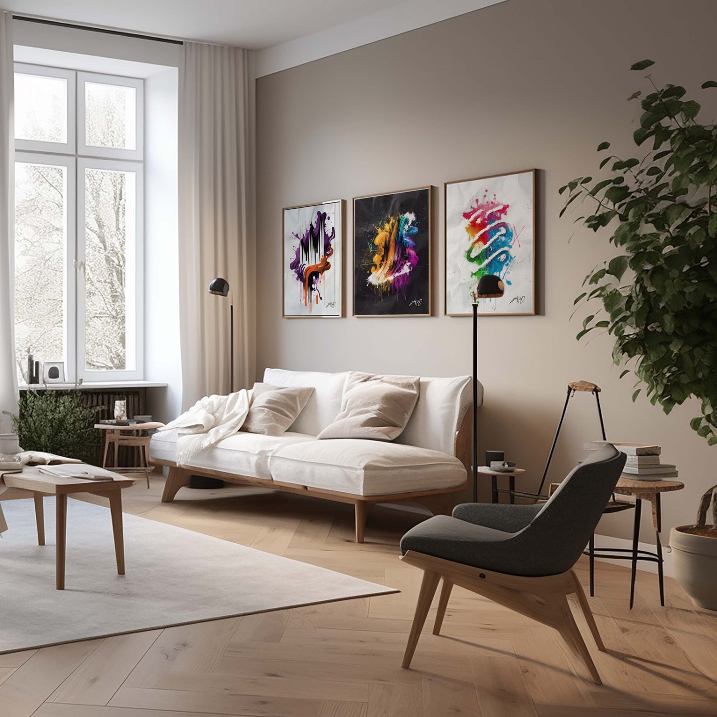 3 colorful abstract art posters in golden brass frames inside a nice home decor.