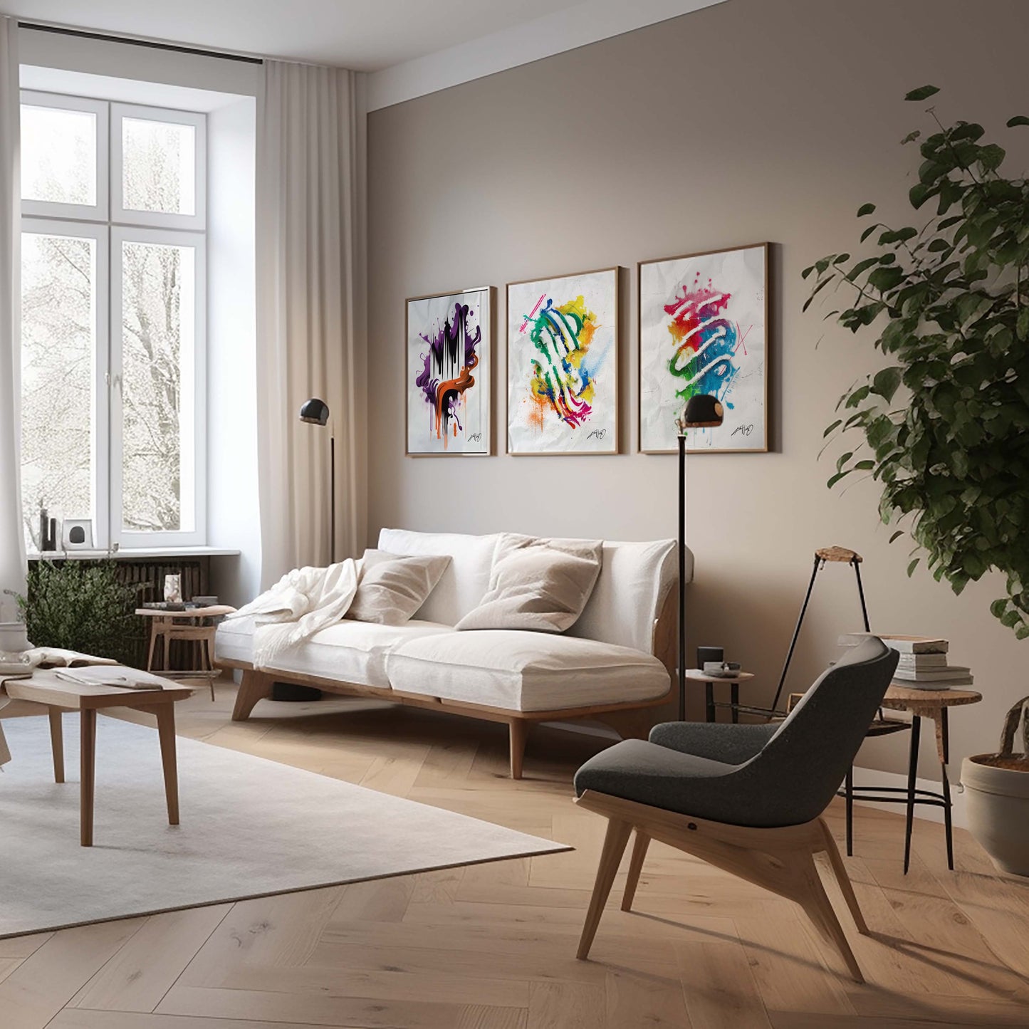 3 colorful abstract art posters in golden brass frames inside a nice home decor