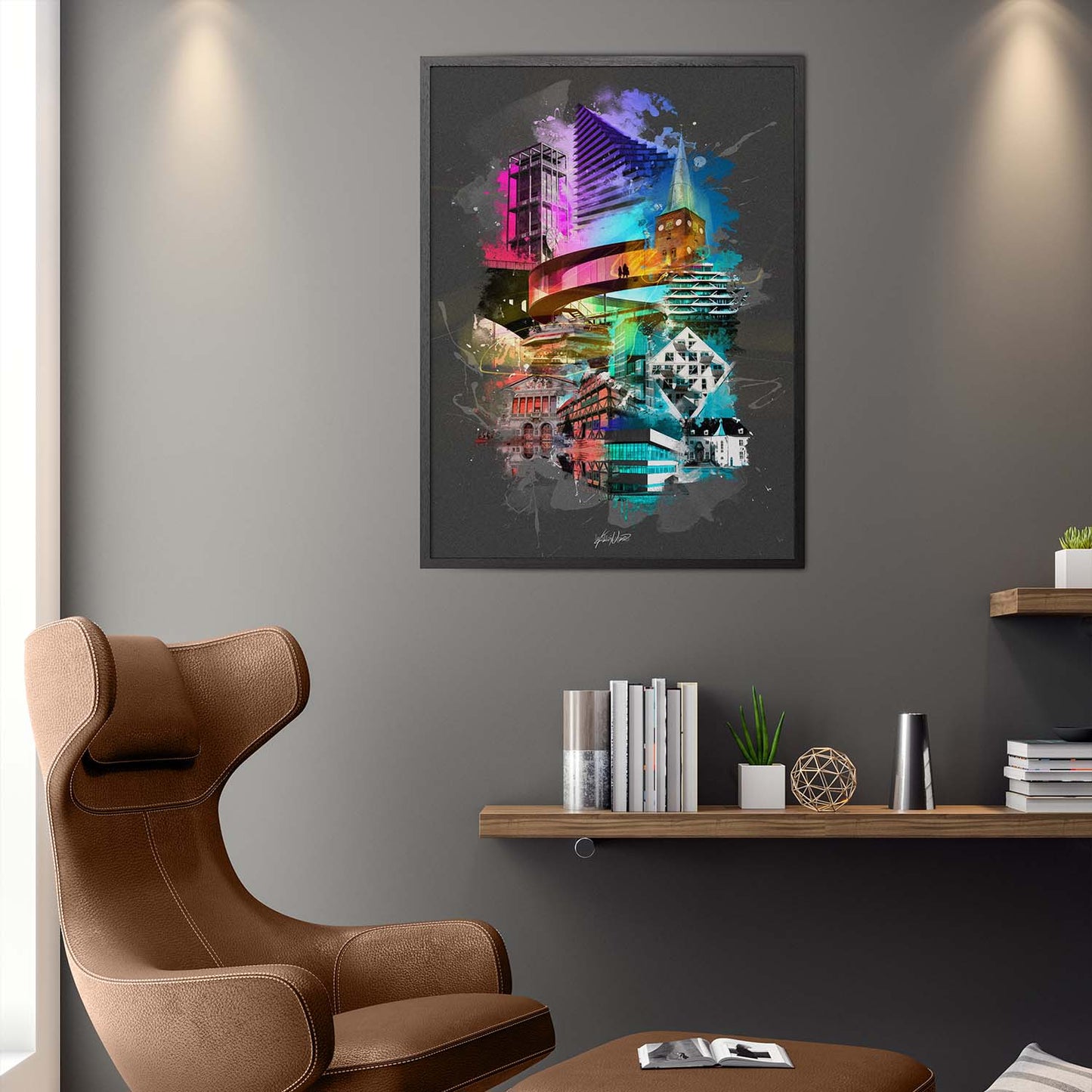 En livlig og farverig plakat af Aarhus, der fanger byens dynamik og skønhed med levende farver og ikoniske vartegn. Oplev Aarhus' unikke atmosfære gennem denne detaljerede plakat, der fremhæver byens charmerende gader, kultur og natur. Lad denne farverige Aarhus plakat være et iøjnefaldende statement i dit hjem eller kontor, der fejrer din kærlighed til byen.