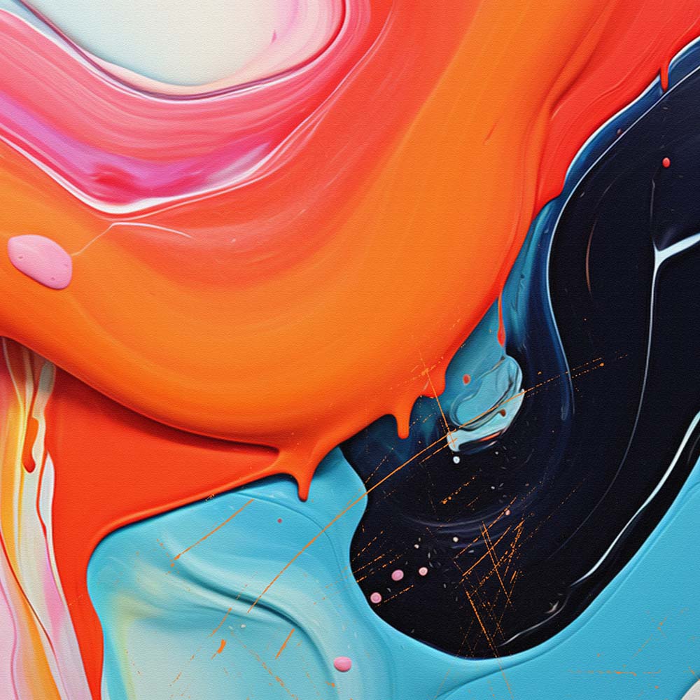 An orange and blue abstract painting with red and white splashes on a white canvas.