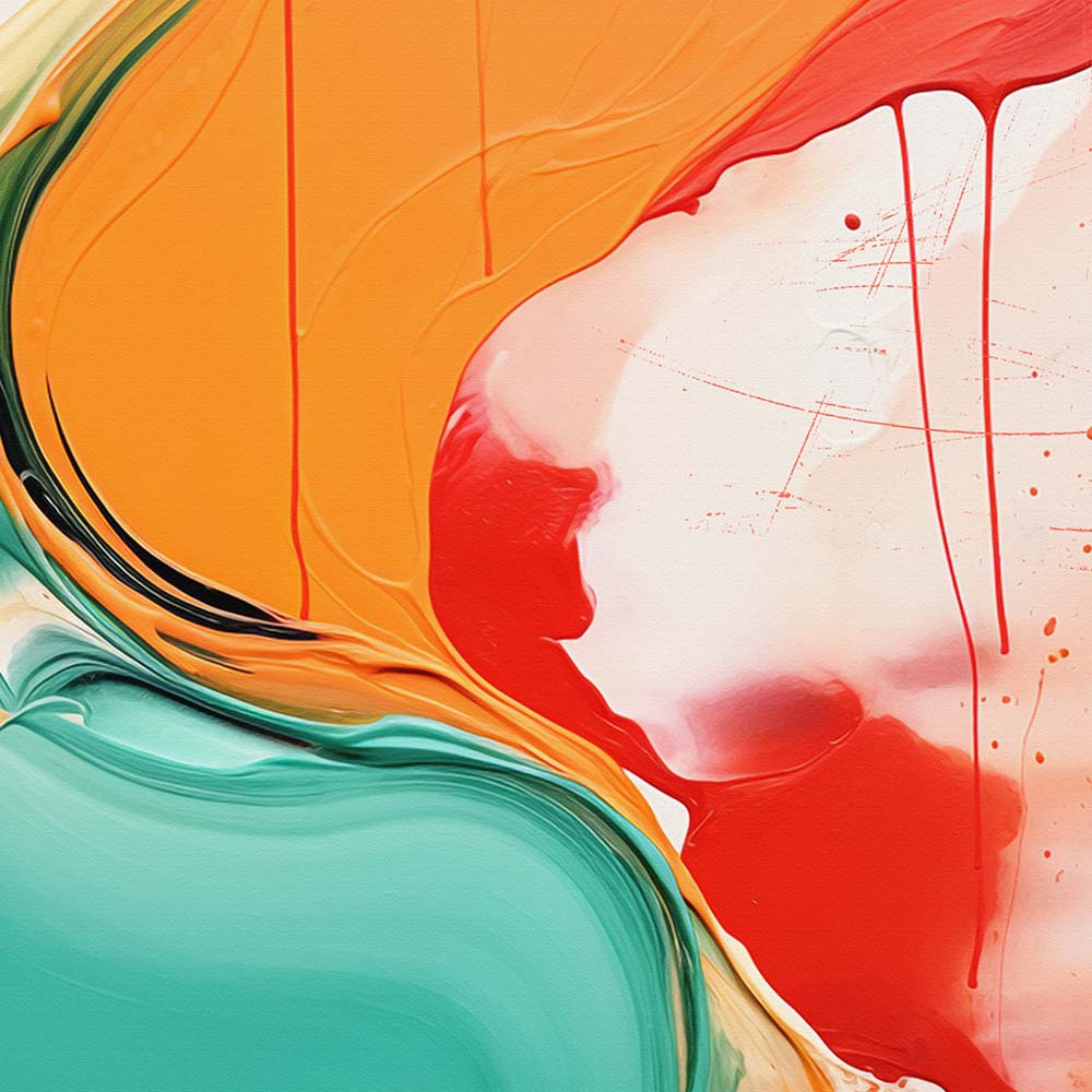 An orange and green abstract painting with red and white splashes on a white canvas.