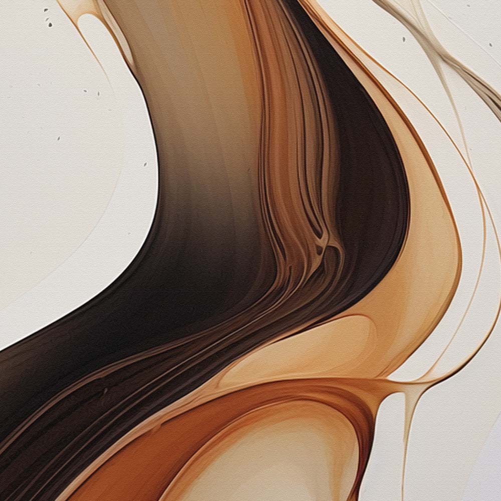 A brown, white, and black abstract painting with fluid, organic shapes on a white canvas.