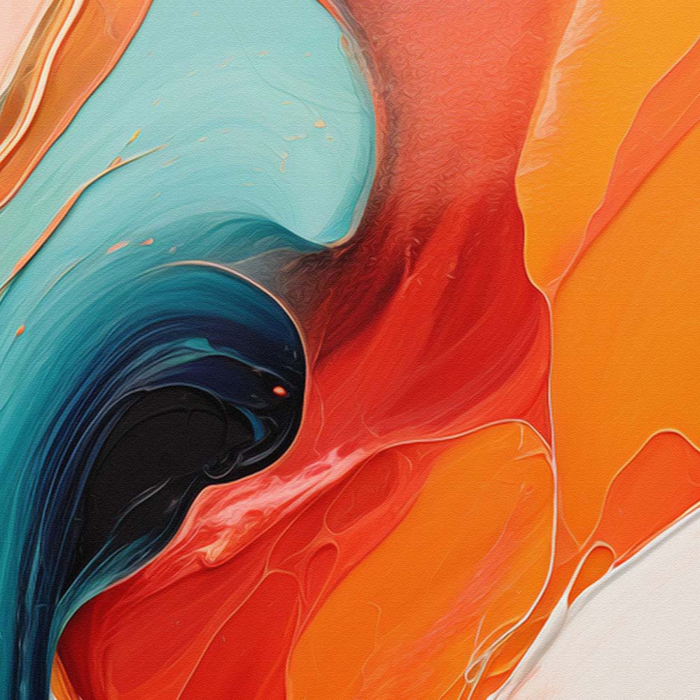 An orange and green abstract painting with red and white splashes on a white canvas.