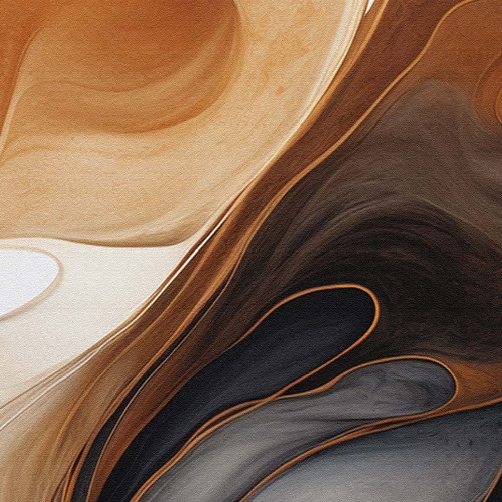 A brown, white, and black abstract painting with fluid, organic shapes on a white canvas.