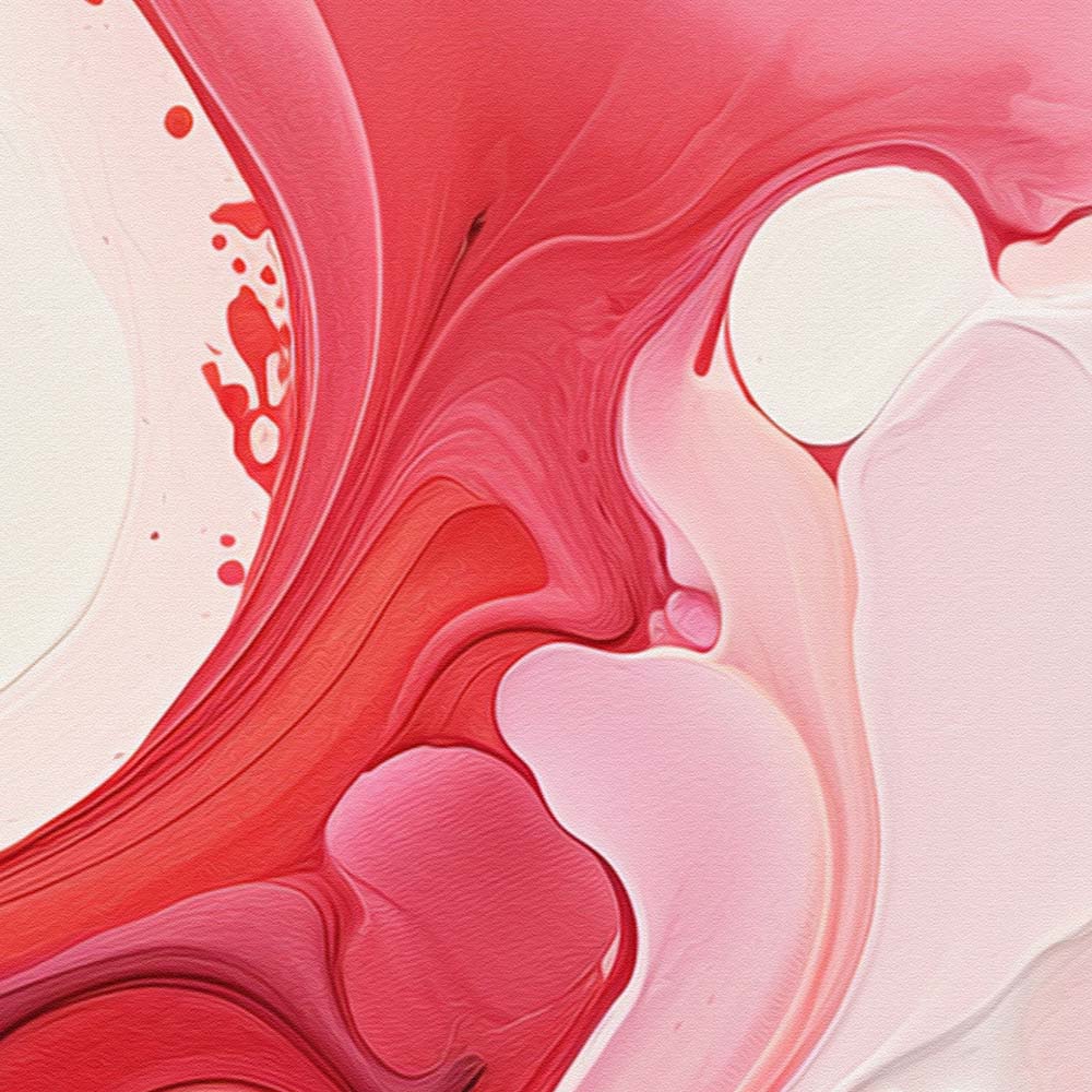 A red and pink abstract painting with white and orange accents on a white canvas.
