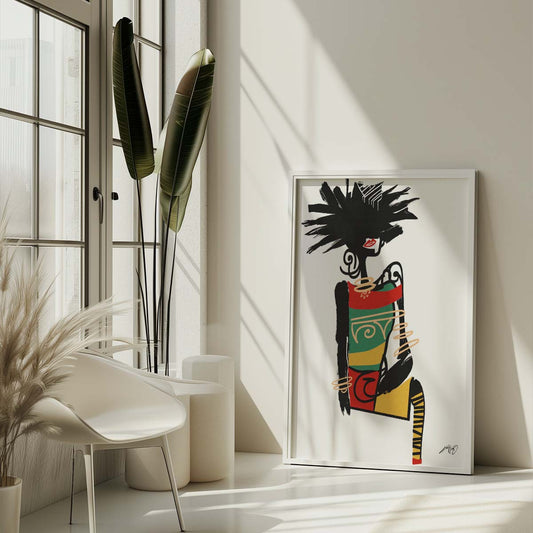 Two large pieces of abstract art featuring colorful figures with dark features and geometric shapes hanging on the wall above a sofa with white and beige cushions in a cozy living room. Artwotk by Kali Nuevo.