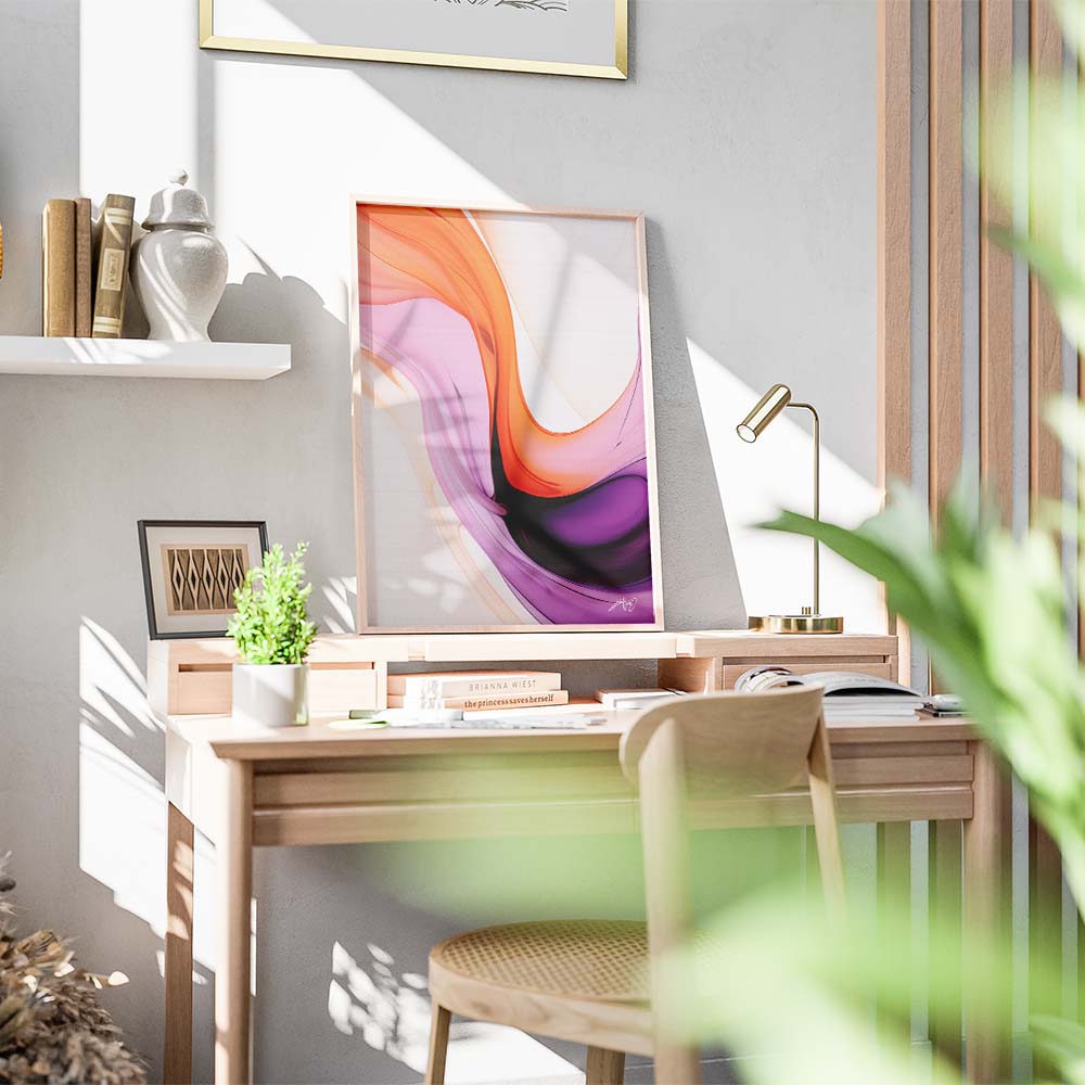 An orange and purple abstract painting on a white wall above a wooden sideboard with a lamp, a plant, and a candle.
