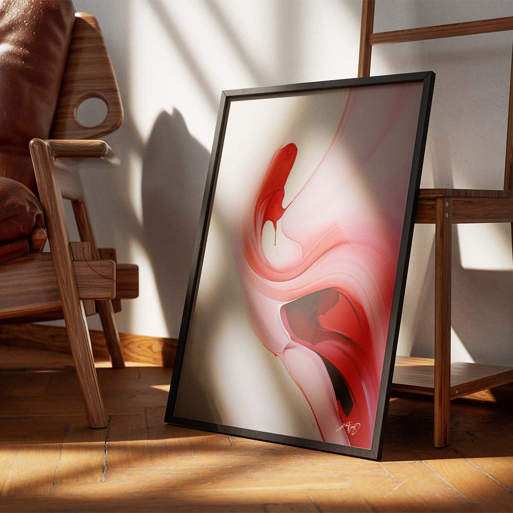 A red and pink abstract painting with white and orange accents on the floor next to a wooden chair.