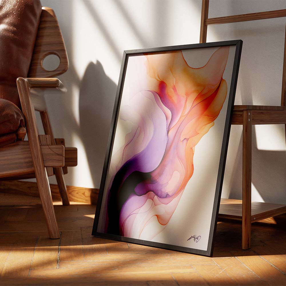 An orange and purple abstract painting on a white wall above a wooden sideboard with a lamp, a plant, and a candle.