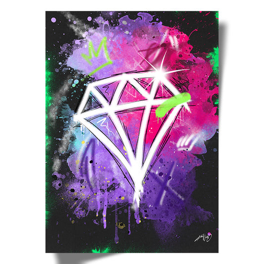 A framed artwork of a white diamond with colorful splashes in the background leaning against a dark wall next to a potted plant and a window with a sheer curtain in a bright room. Artwork by Kali Nuevo.