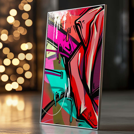 Three framed pieces of abstract artwork in red, green, pink, and blue colors with a rose motif hanging on the wall above a white bed with dark throw blanket and wooden nightstand with potted plant in a modern bedroom. Artwork by Kali Nuevo.