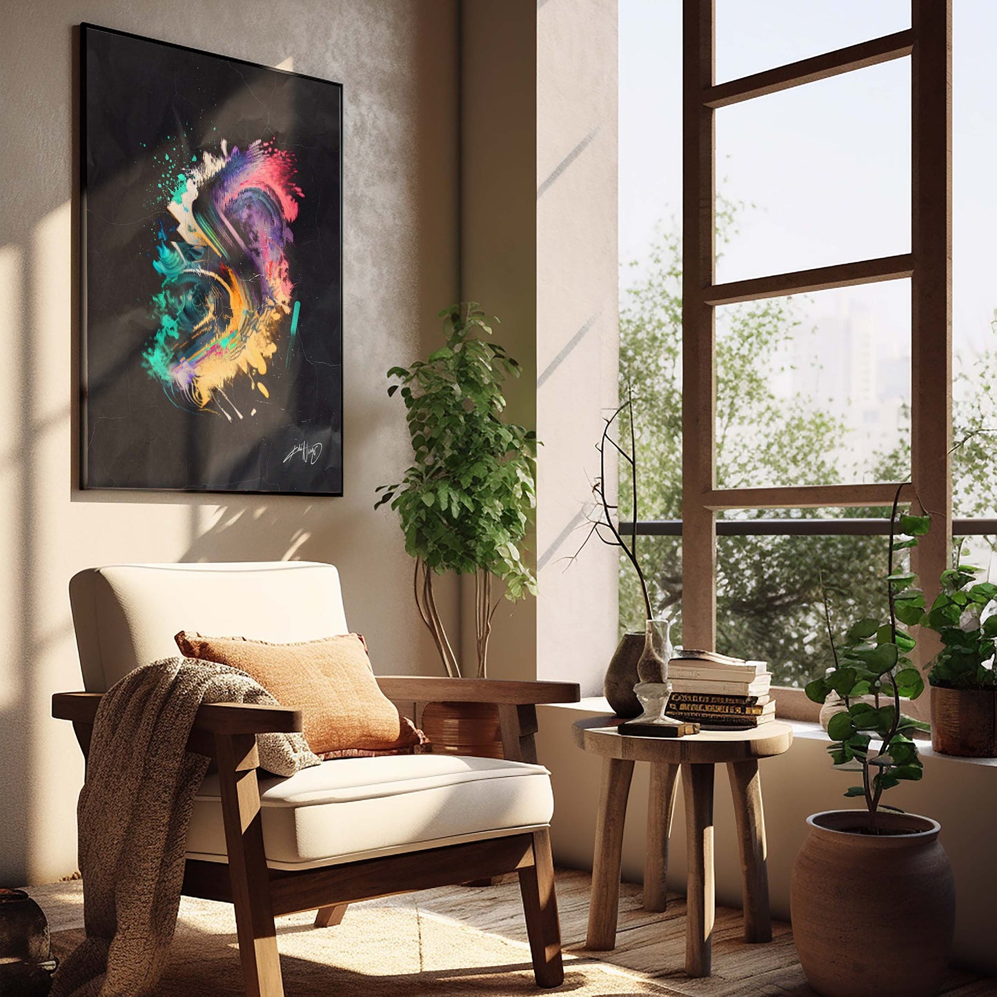 colorful abstract art poster in a black wood frame inside a nice home decor