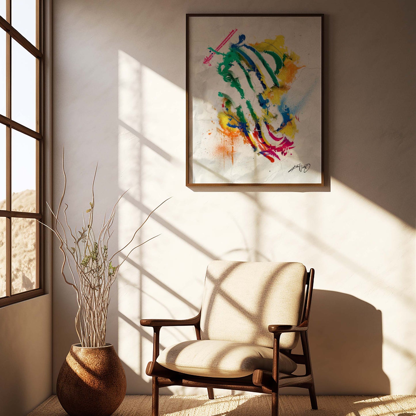 colorful abstract art poster in a black wood frame inside a nice home decor.