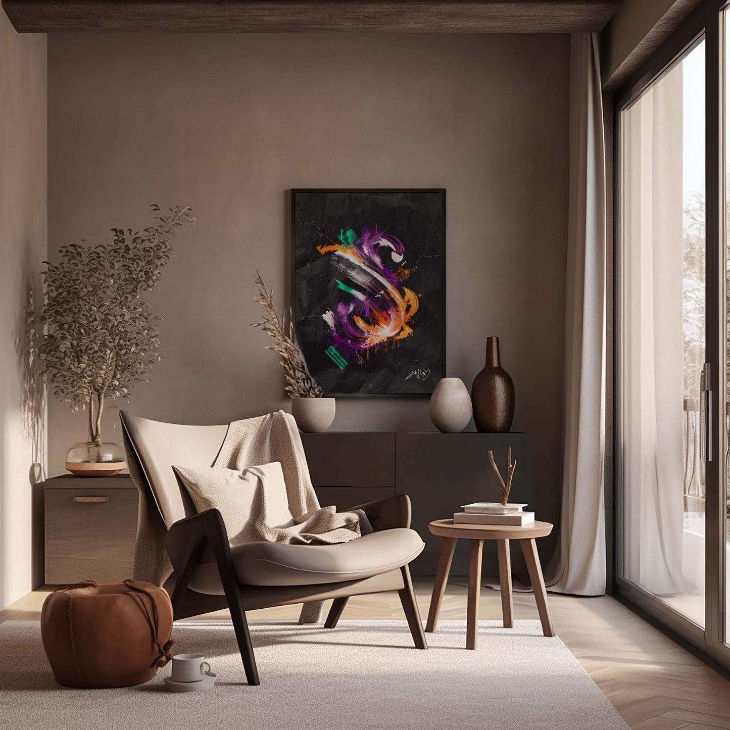 colorful abstract art poster in a black wood frame inside a nice home decor