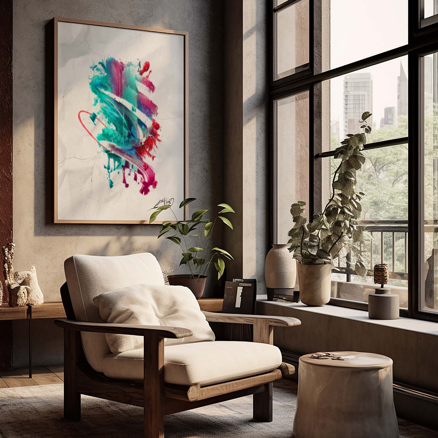 colorful abstract art poster in a light wood frame inside a nice home decor