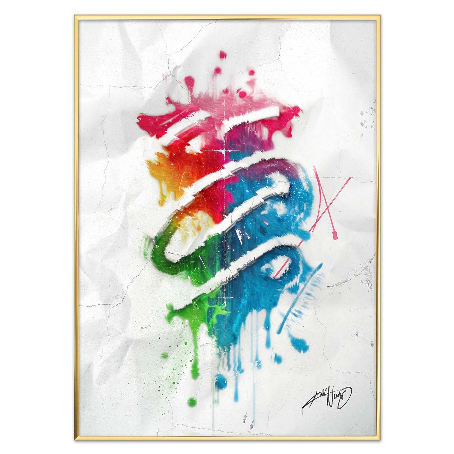 colorful abstract art poster in a golden brass frame on a white background