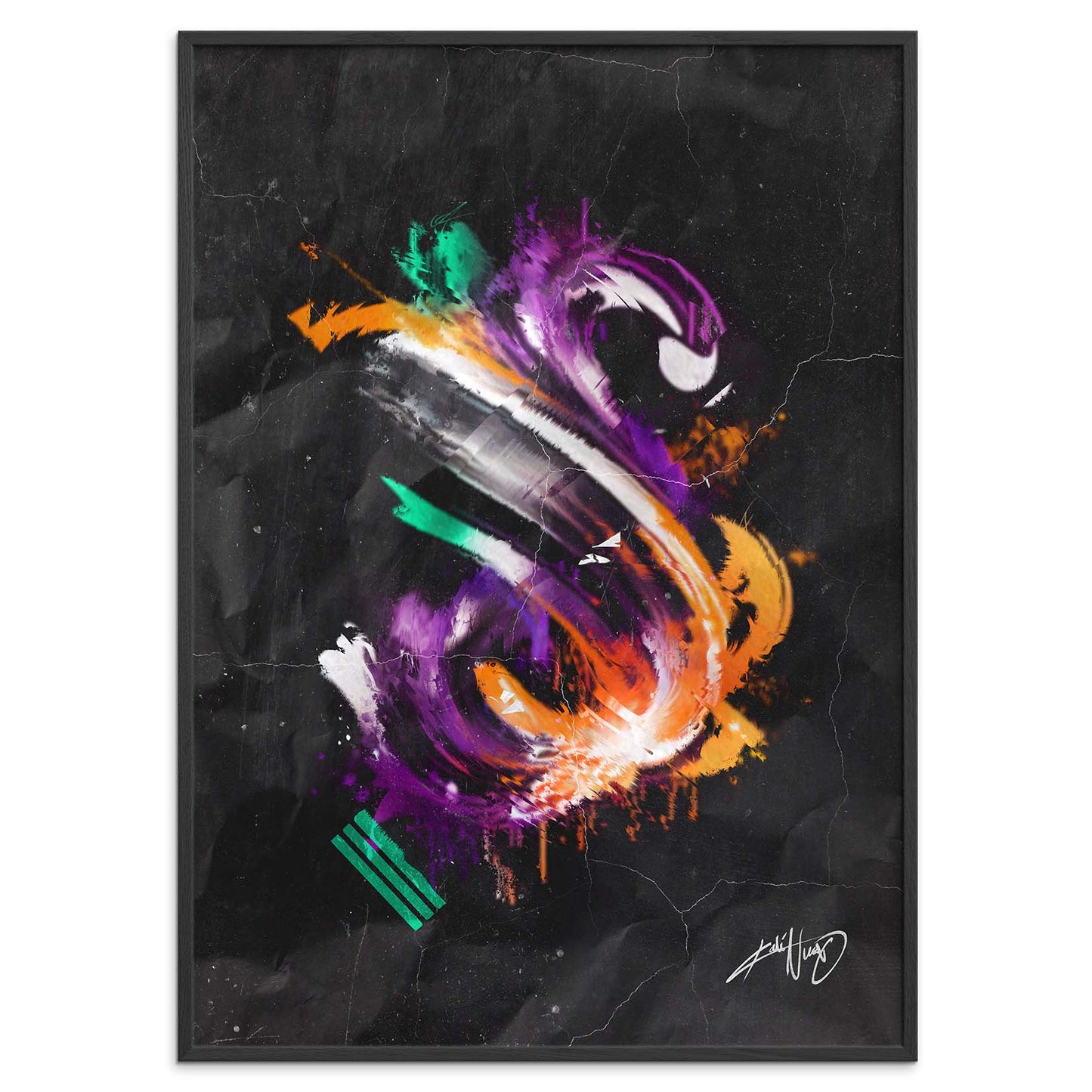 colorful calligraphy abstract art poster in a black frame on a white background