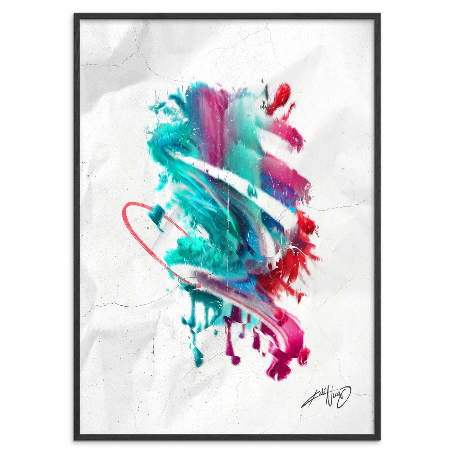 colorful calligraphy abstract art poster in a black frame on a white background