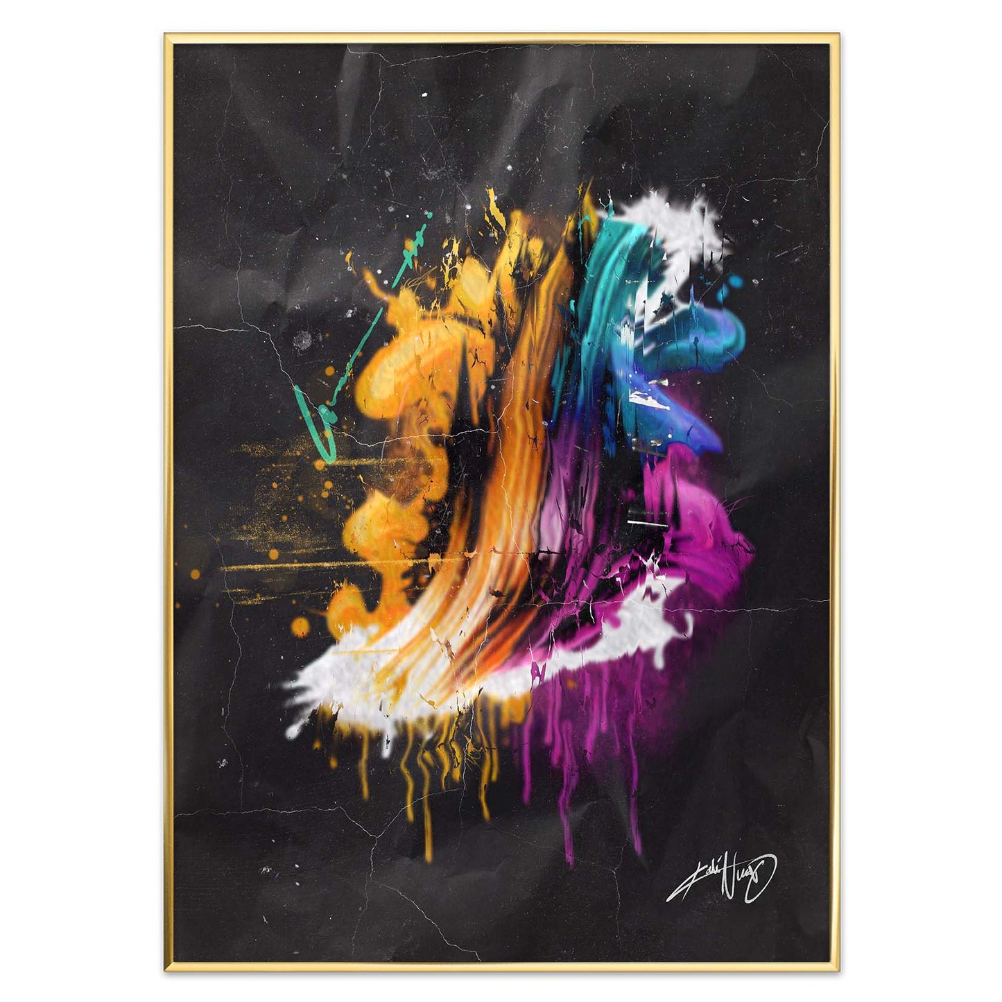 colorful calligraphy abstract art poster in a golden brass frame on a white background