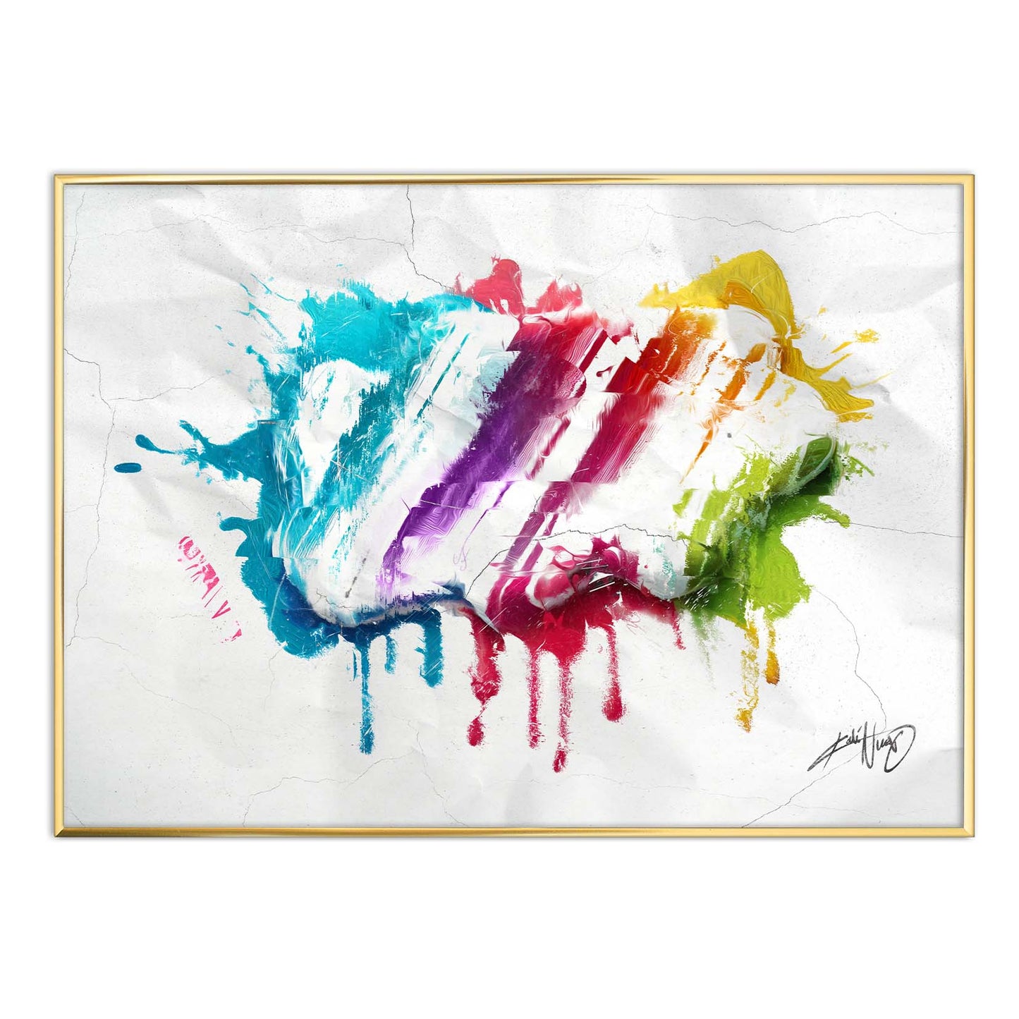 colorful calligraphy abstract art poster in a golden brass frame on a white background