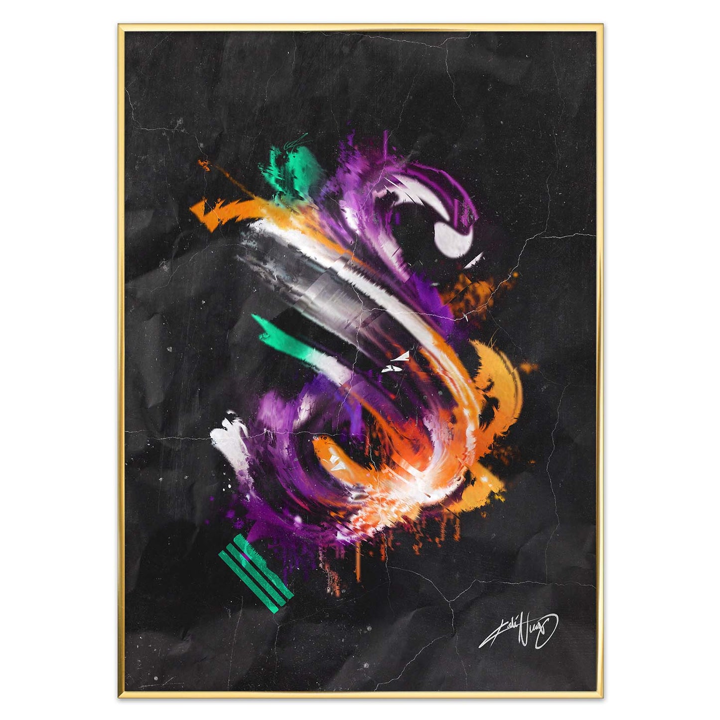 colorful calligraphy abstract art poster in a golden brass frame on a white background