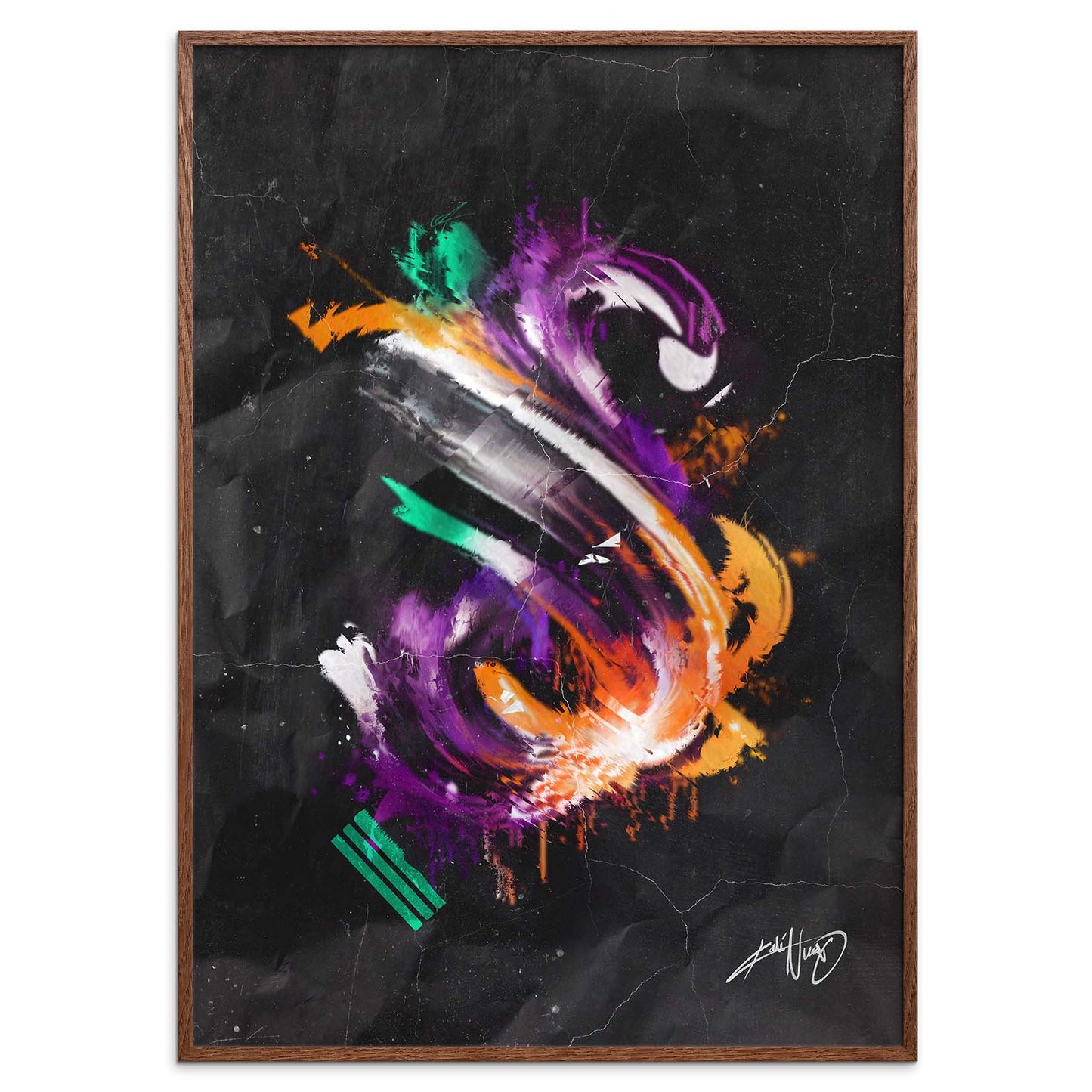 colorful calligraphy abstract art poster in a smoked oak wooden frame on a white background