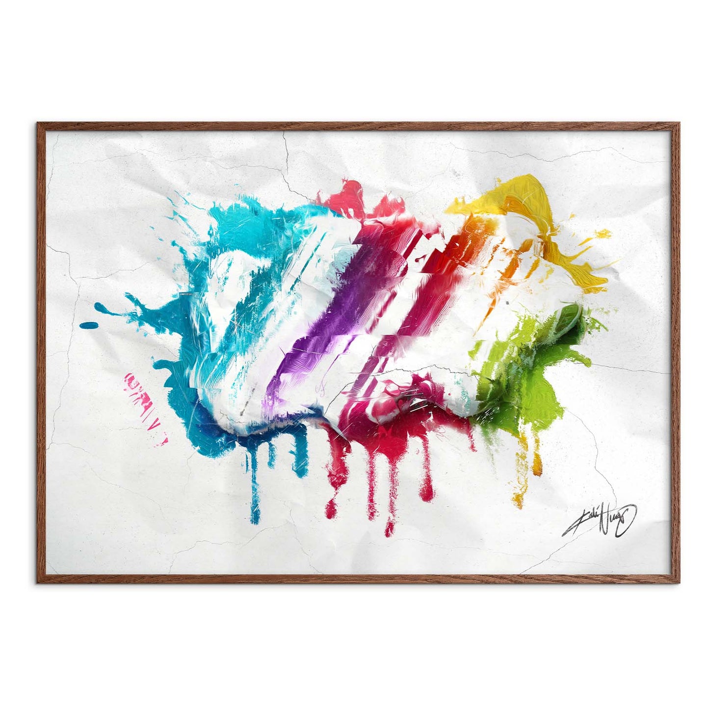 colorful calligraphy abstract art poster in a smoked oak wood frame on a white background