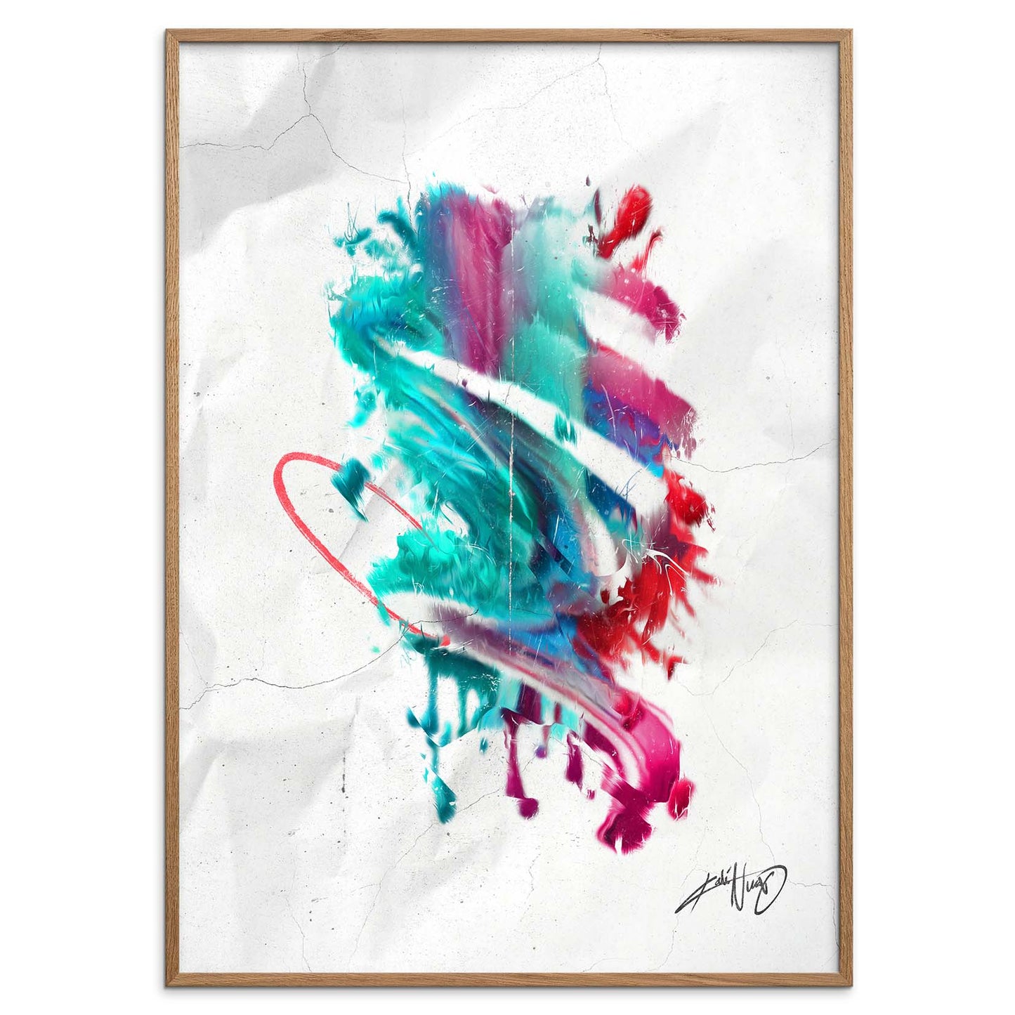 colorful calligraphy abstract art poster in a wooden frame on a white background