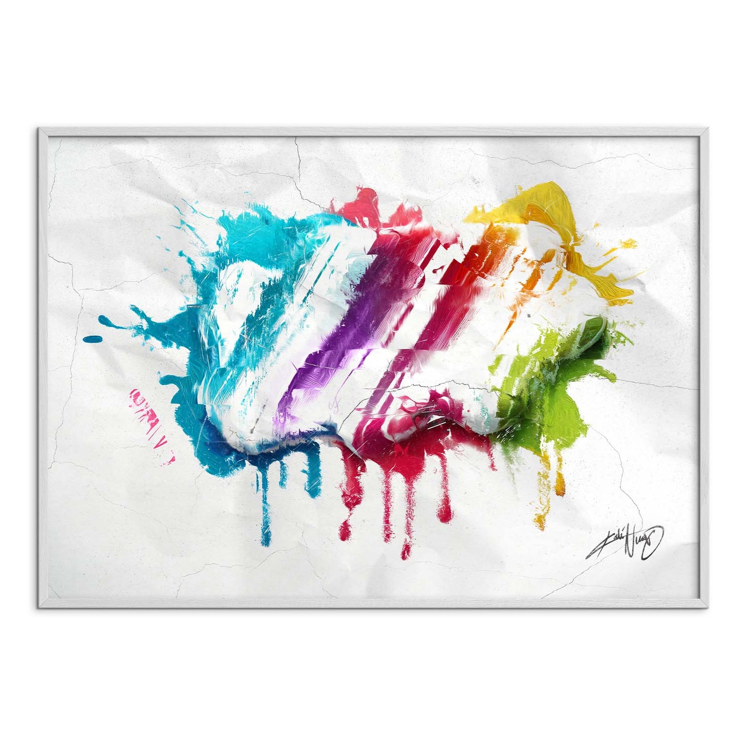 colorful calligraphy abstract art poster in a white frame on a white background