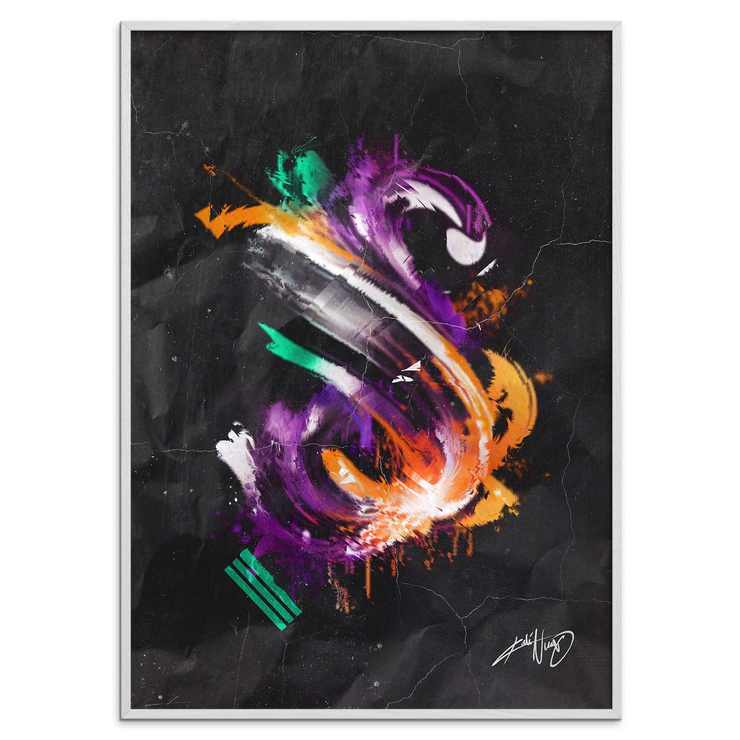 colorful calligraphy abstract art poster in a white frame on a white background