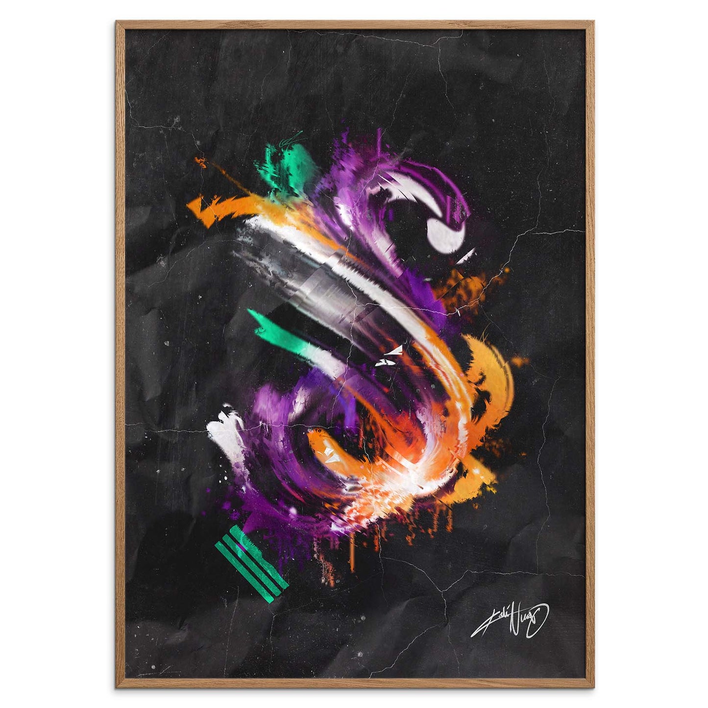 colorful calligraphy abstract art poster in a wooden frame on a white background