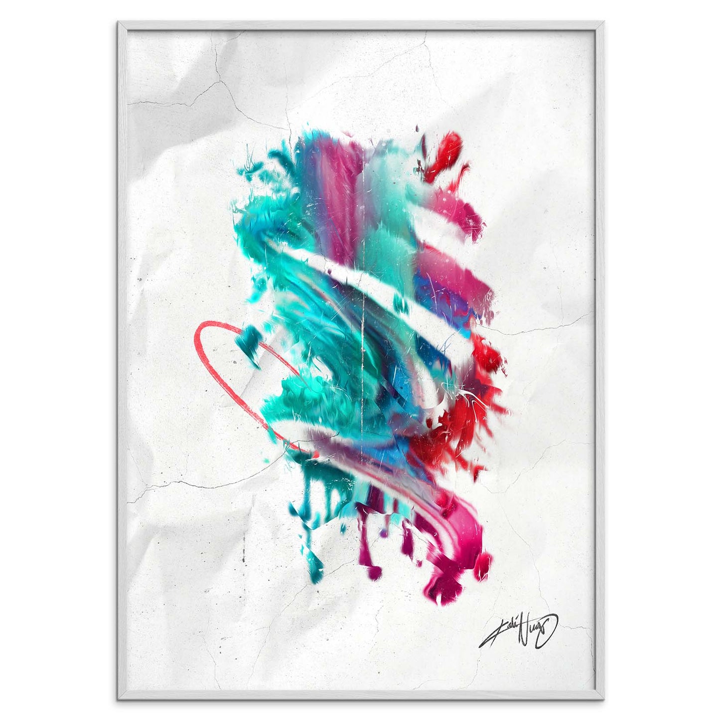 colorful calligraphy abstract art poster in a white frame on a white background