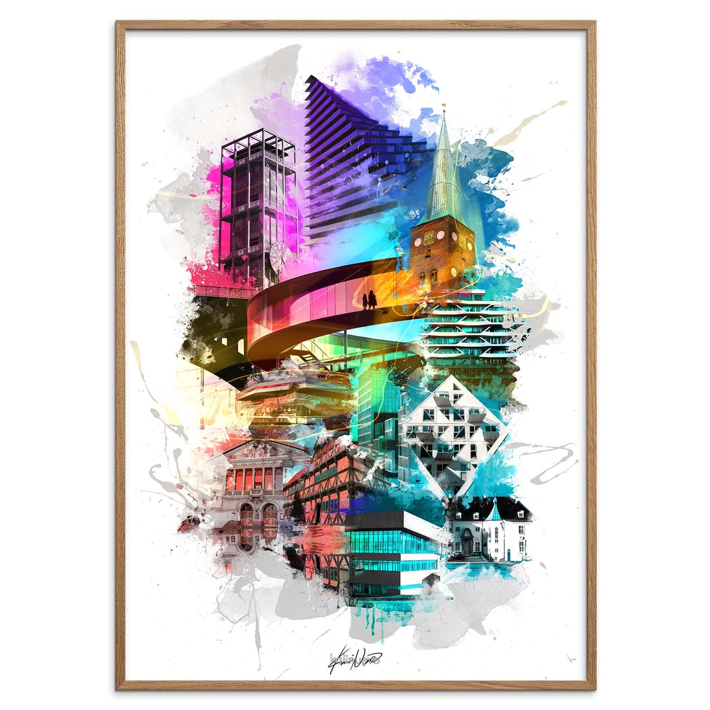 En livlig og farverig plakat af Aarhus, der fanger byens dynamik og skønhed med levende farver og ikoniske vartegn. Oplev Aarhus' unikke atmosfære gennem denne detaljerede plakat, der fremhæver byens charmerende gader, kultur og natur. Lad denne farverige Aarhus plakat være et iøjnefaldende statement i dit hjem eller kontor, der fejrer din kærlighed til byen.