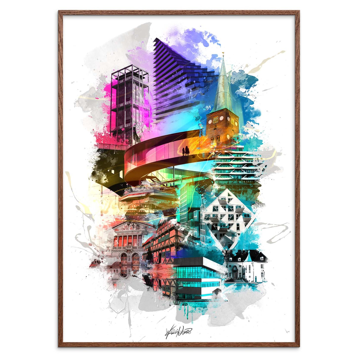 En livlig og farverig plakat af Aarhus, der fanger byens dynamik og skønhed med levende farver og ikoniske vartegn. Oplev Aarhus' unikke atmosfære gennem denne detaljerede plakat, der fremhæver byens charmerende gader, kultur og natur. Lad denne farverige Aarhus plakat være et iøjnefaldende statement i dit hjem eller kontor, der fejrer din kærlighed til byen.