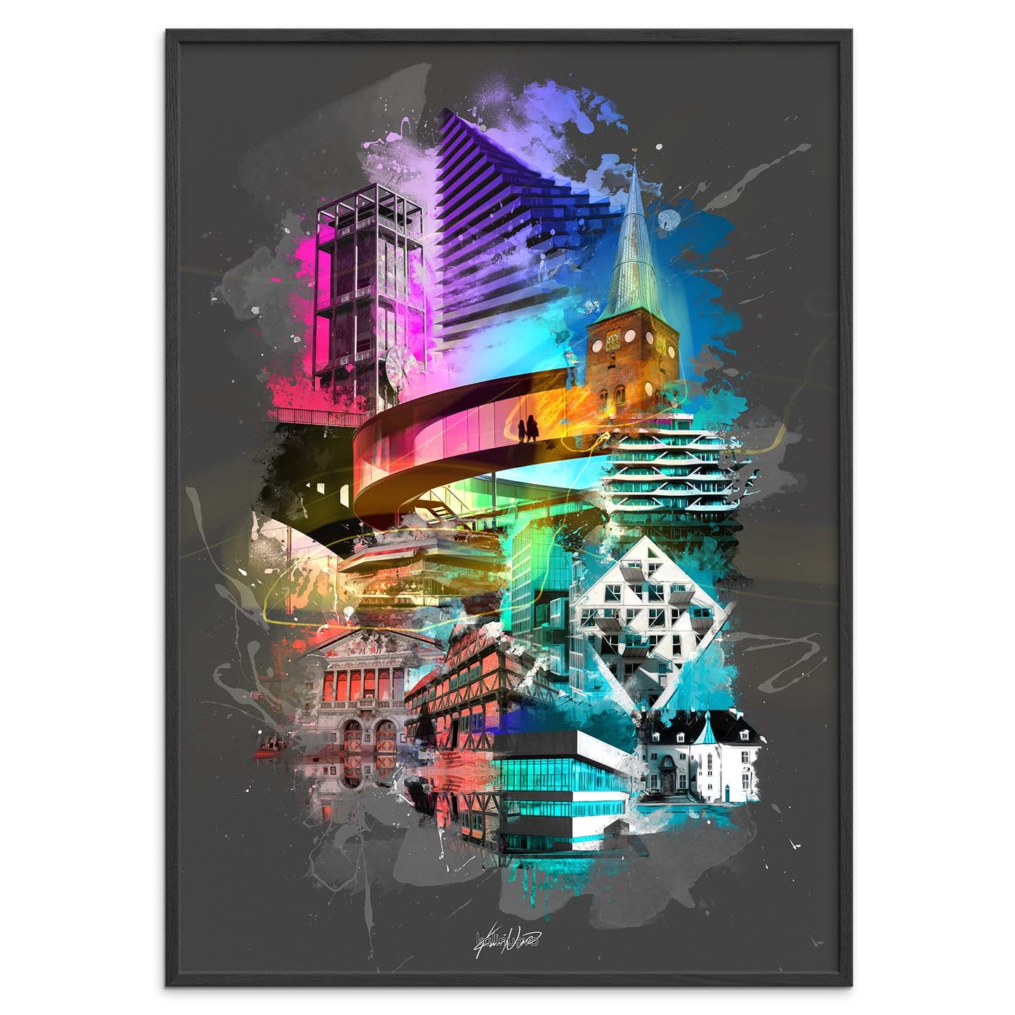 En livlig og farverig plakat af Aarhus, der fanger byens dynamik og skønhed med levende farver og ikoniske vartegn. Oplev Aarhus' unikke atmosfære gennem denne detaljerede plakat, der fremhæver byens charmerende gader, kultur og natur. Lad denne farverige Aarhus plakat være et iøjnefaldende statement i dit hjem eller kontor, der fejrer din kærlighed til byen.