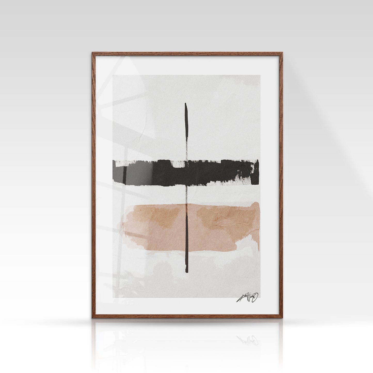 Abstrakt kunstplakat med vertikale og horisontale penselstrøg i sort og beige, inspireret af naturens teksturer. Design af Kali Nuevo.