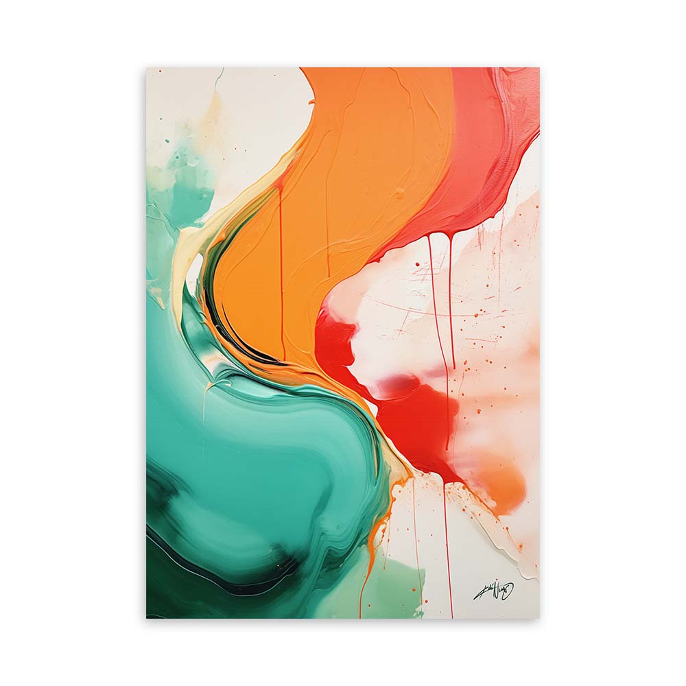 An orange and green abstract painting with red and white splashes on a white canvas.