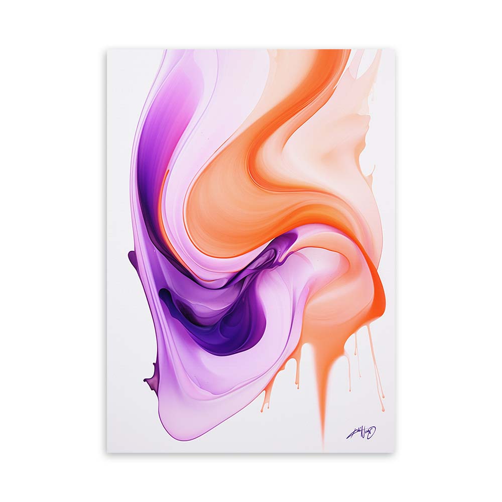 A purple and orange abstract painting with geometric shapes on a white canvas.