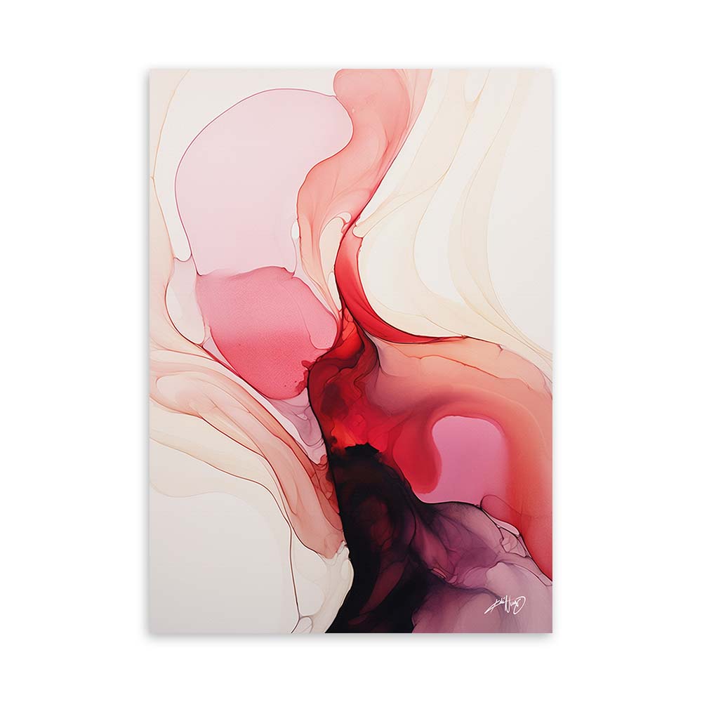 A red and pink abstract painting with white and orange accents on a white canvas.