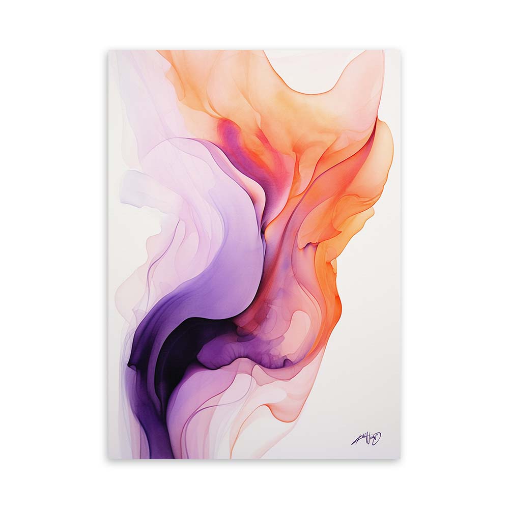 A purple and orange abstract painting with geometric shapes on a white canvas.