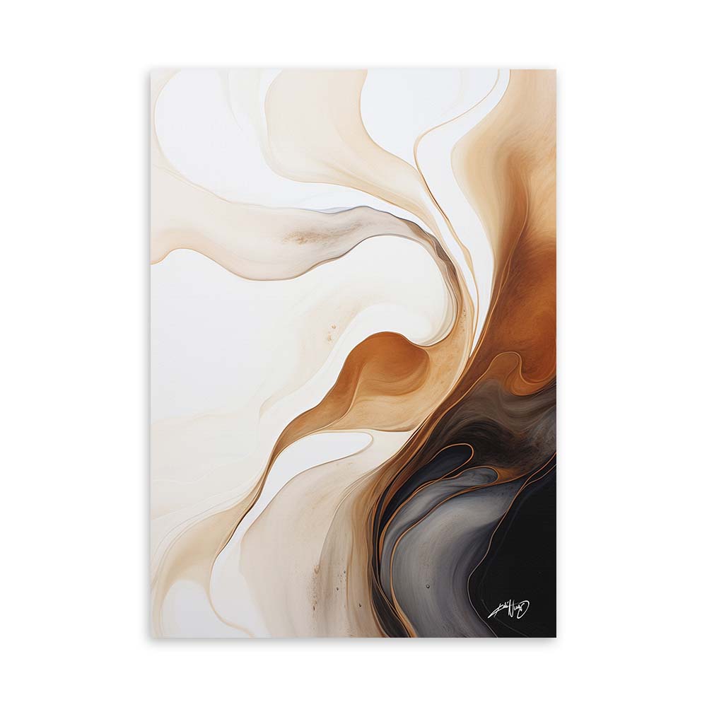 A brown, white, and black abstract painting with fluid, organic shapes on a white canvas.