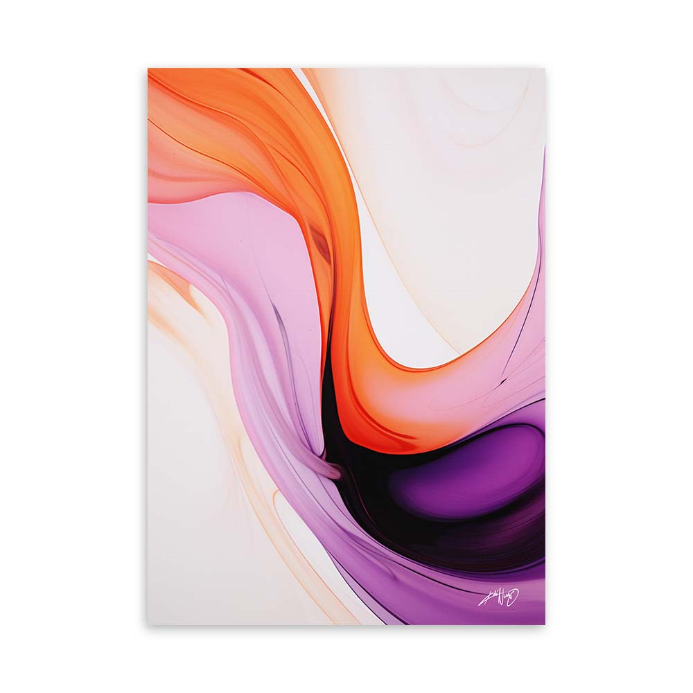 A purple and orange abstract painting with geometric shapes on a white canvas.