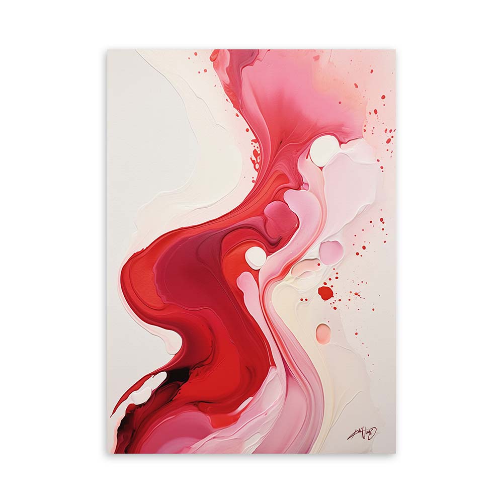 A red and pink abstract painting with white and orange accents on a white canvas.