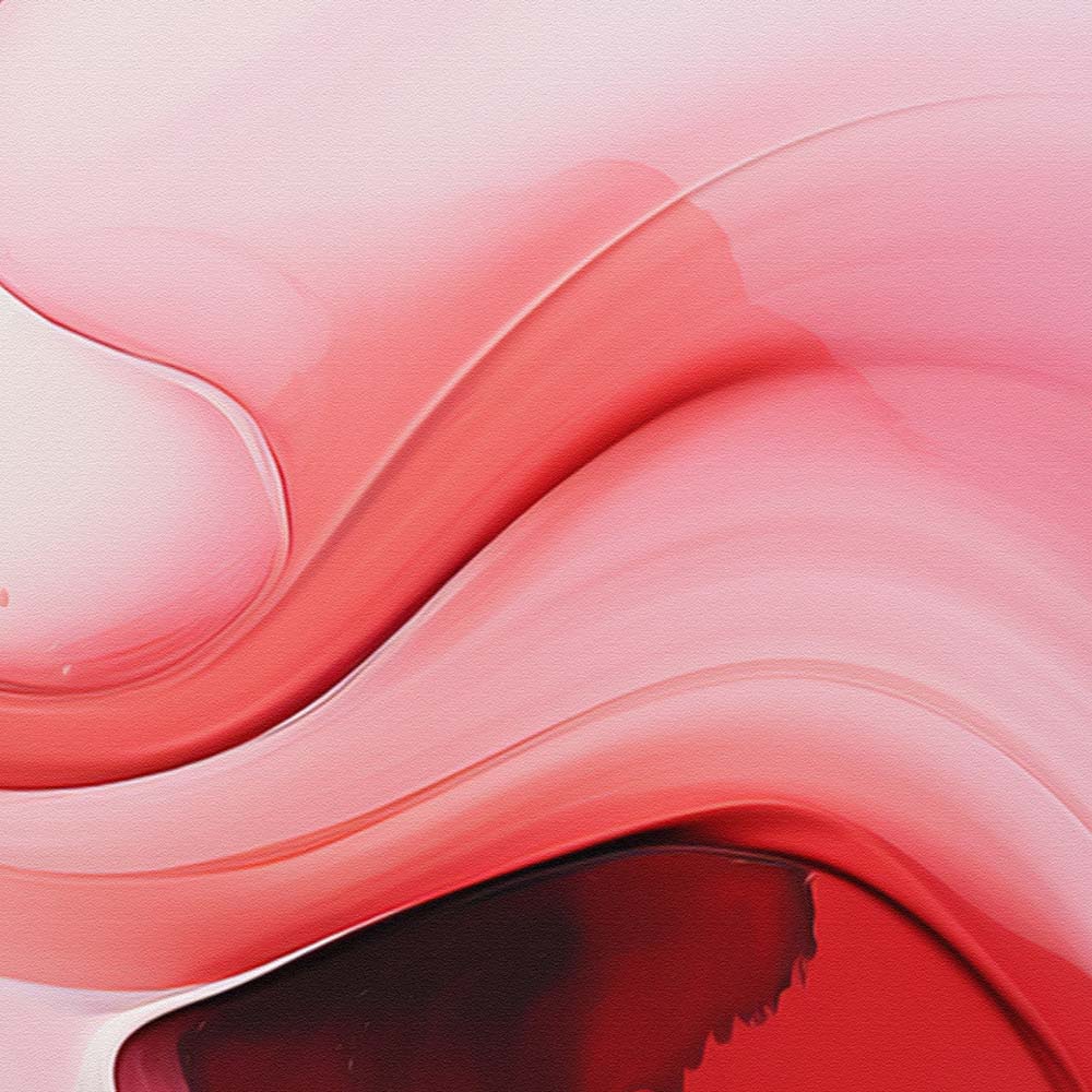 A red and pink abstract painting with white and orange accents on a white canvas.