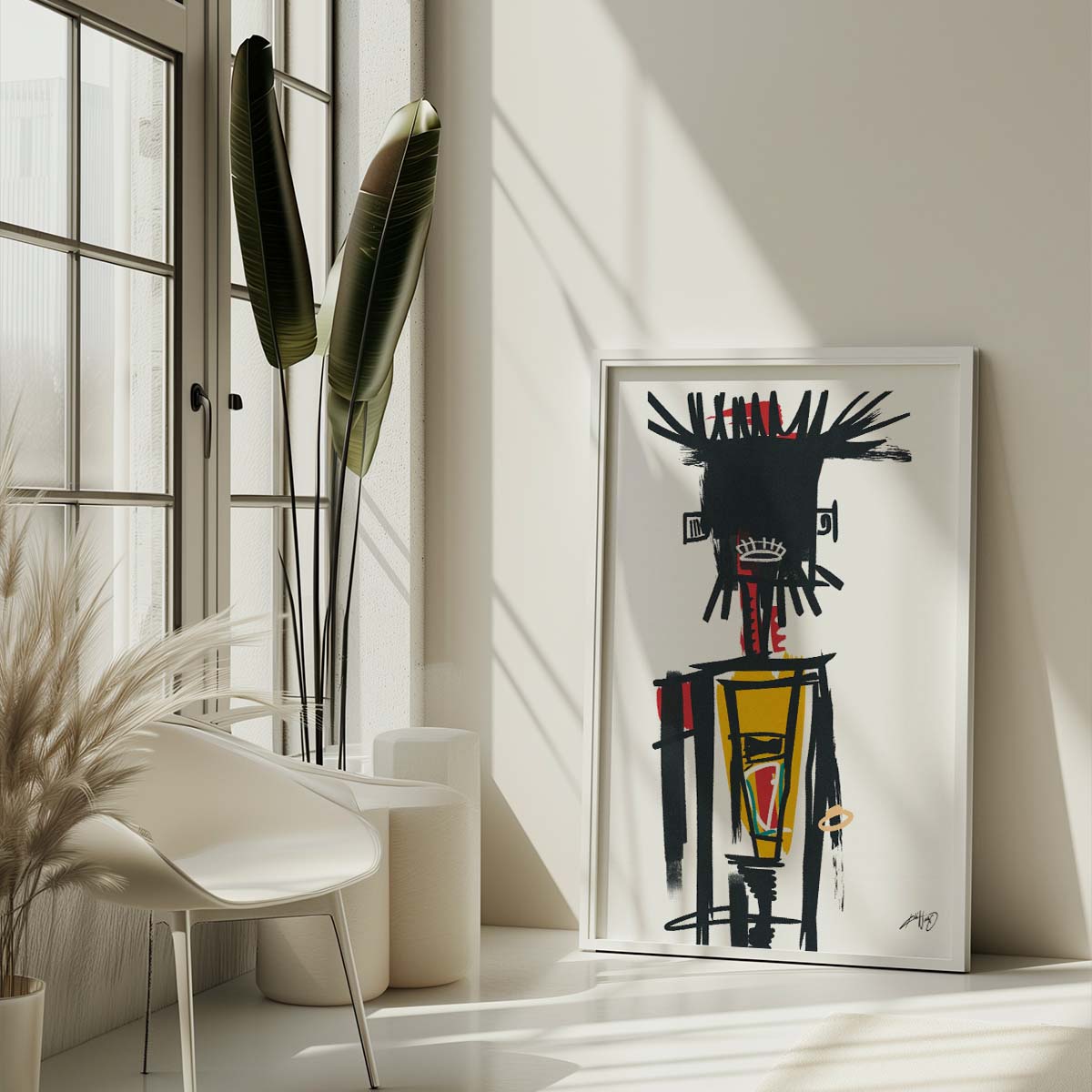 Two large pieces of abstract art featuring colorful figures with dark features and geometric shapes hanging on the wall above a sofa with white and beige cushions in a cozy living room. Artwotk by Kali Nuevo.