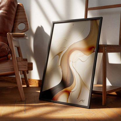 A brown, white, and black abstract painting with fluid, organic shapes on the floor with a wooden chair behind it.