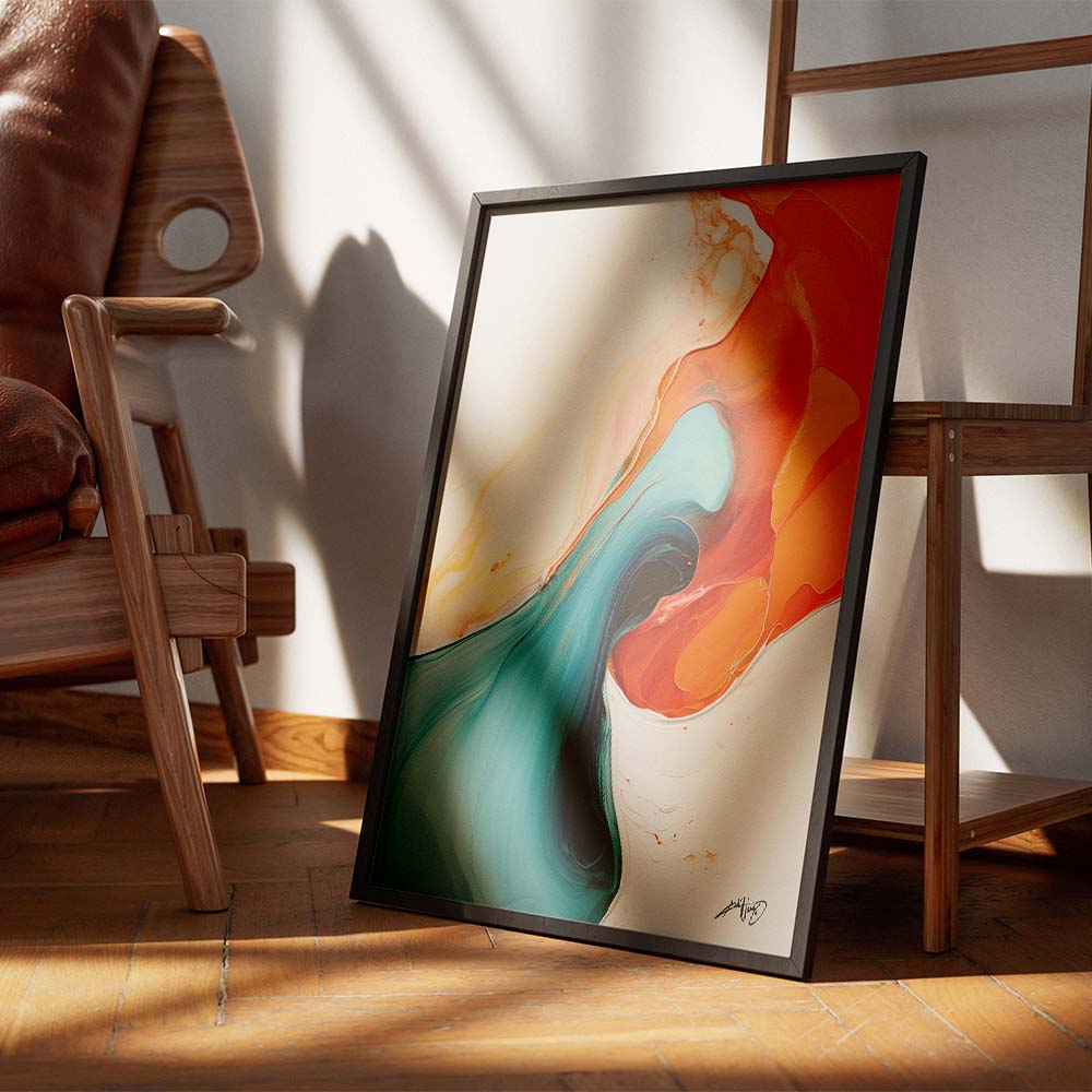 An orange and green abstract painting with red and white splashes on the floor next to a wooden chair.